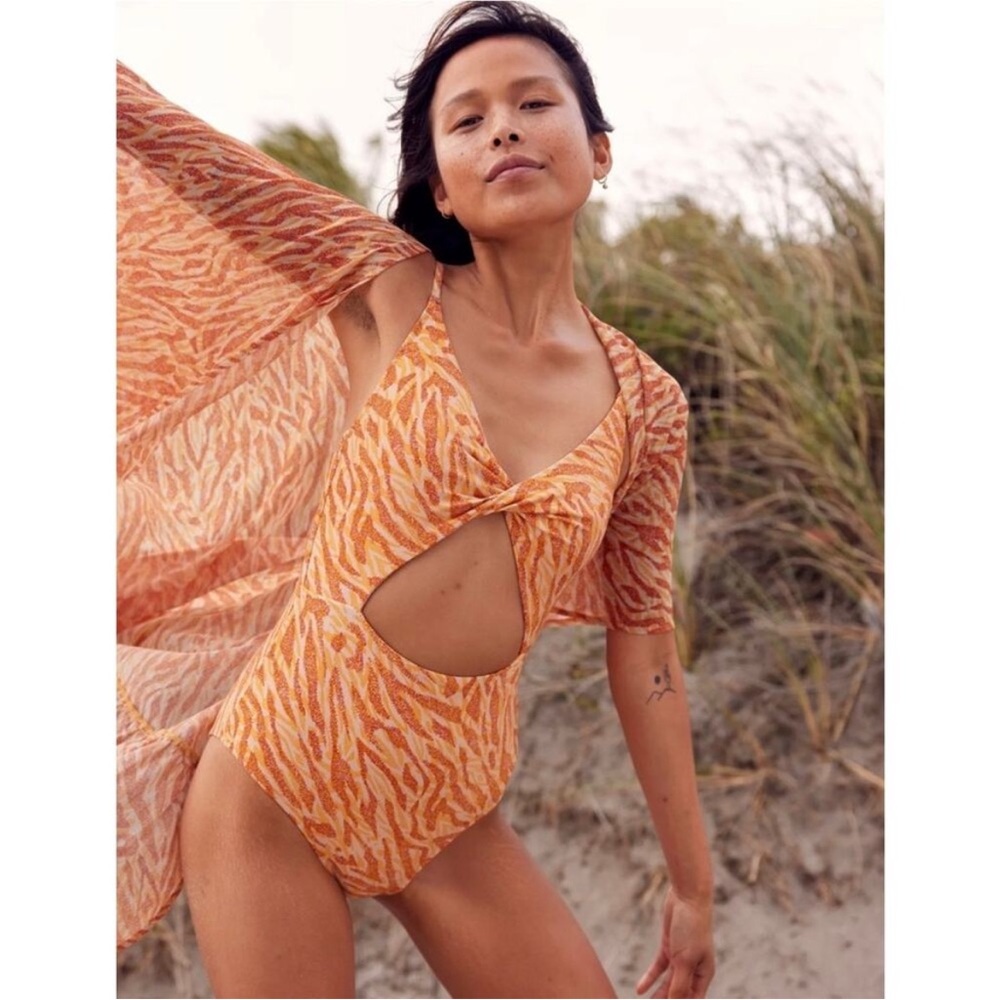 Aerie Orange Patterned One Piece Cut Out Swimsuit
